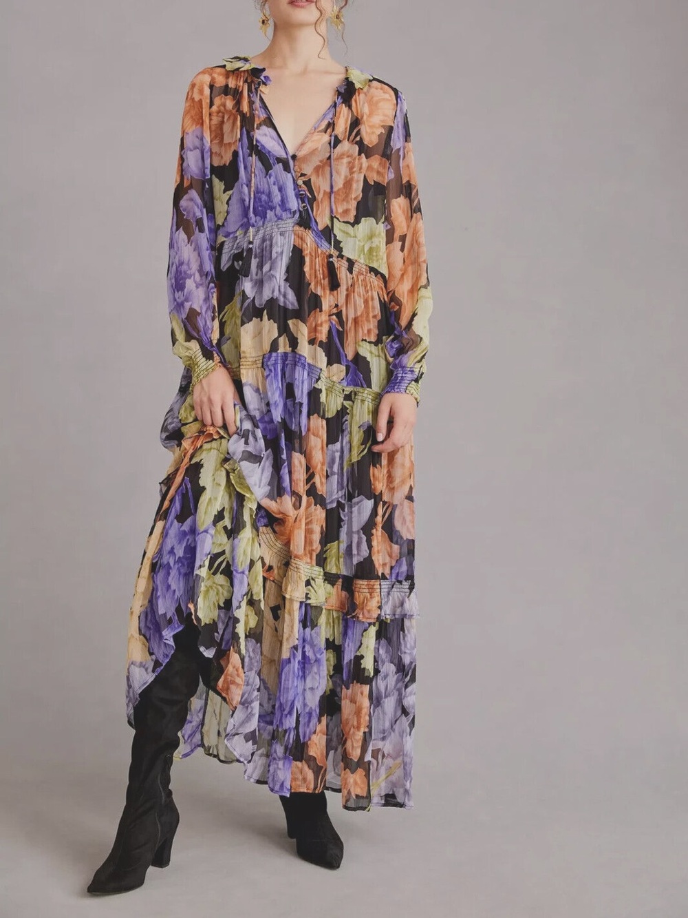 Anthropologie The Marais Printed Chiffon Lined Tiered Maxi Dress Purple Floral